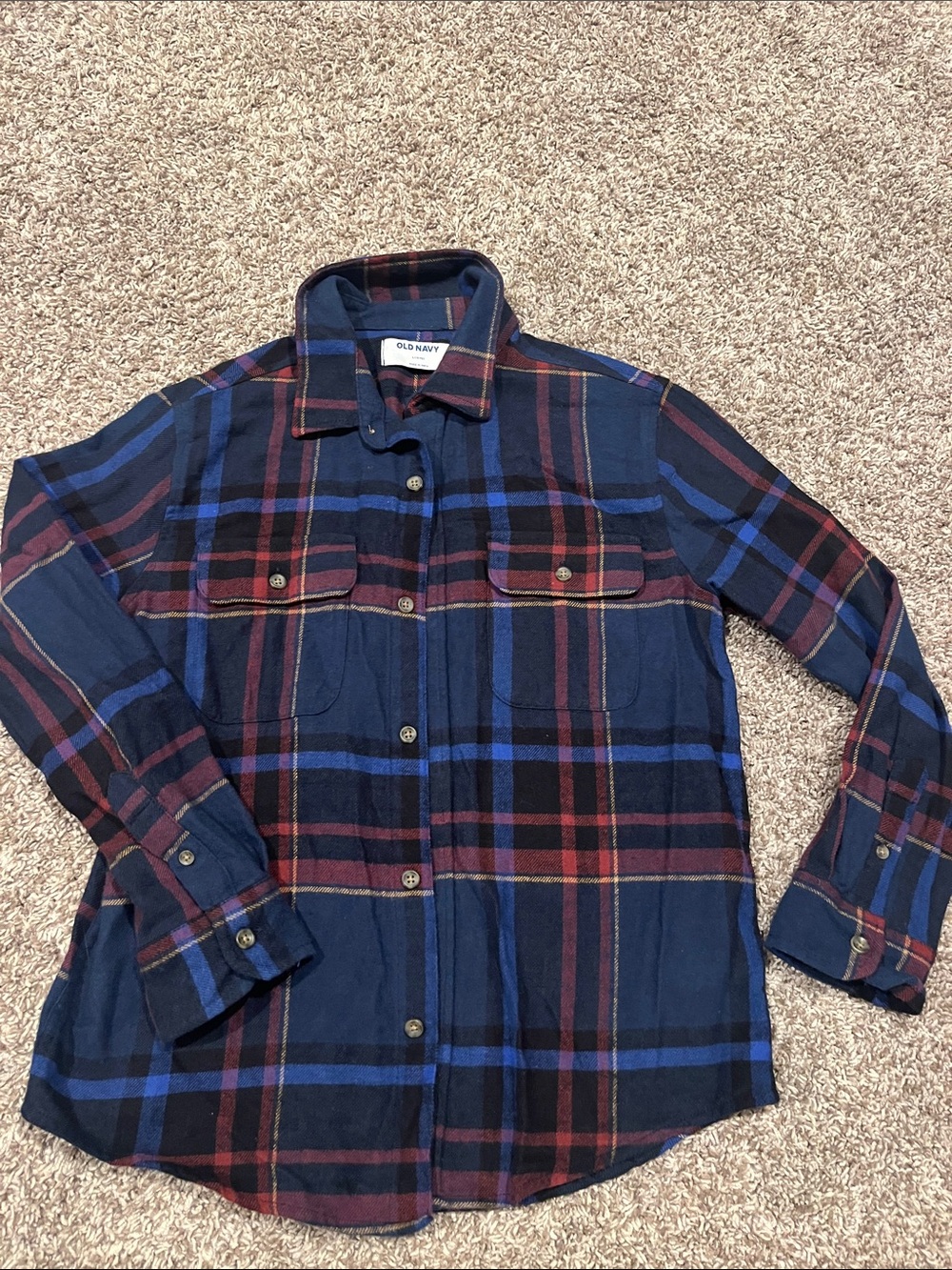 Old Navy Men’s Navy Blue Plaid Button-Down Shirt with Red & Royal Stripes